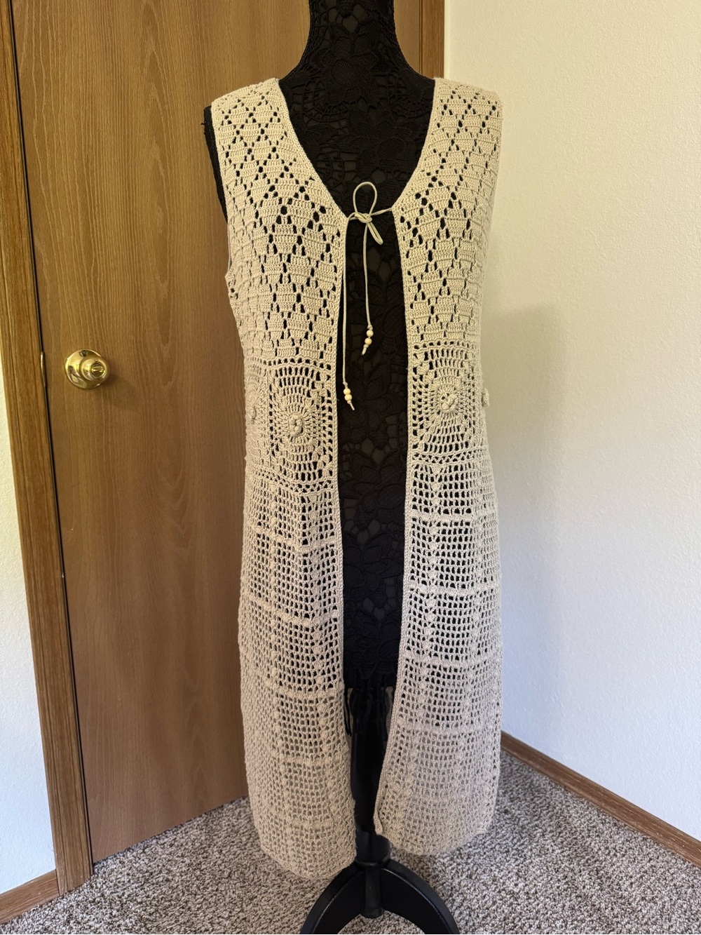 Bettie Page Beige Open-Knit Crochet Boho Vest